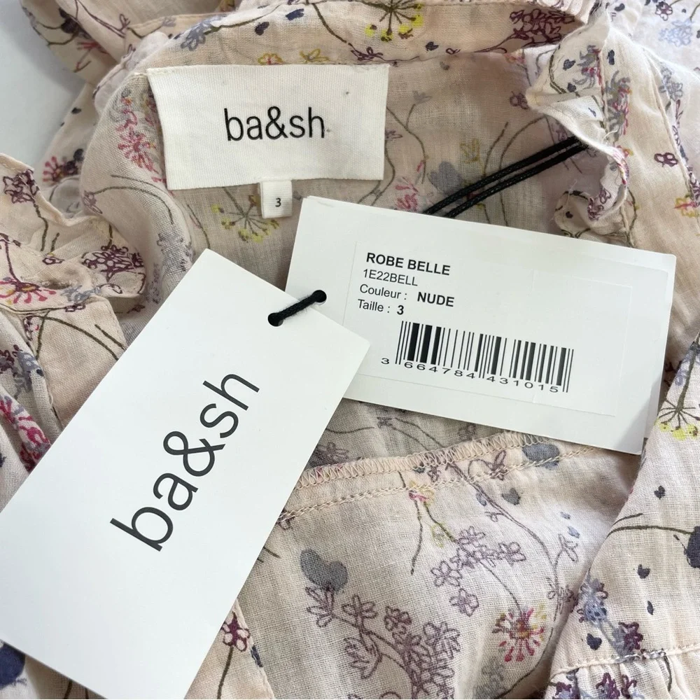 {BA&SH} Belle Pleated Ruffle Floral Cotton-Gauze Dress, Size L, NWT
